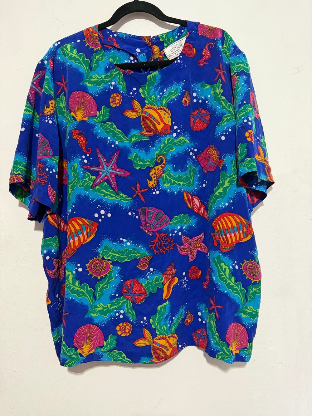Vintage Silk Boutique 100% Silk Blouse Women’s 3X Blue Tropical Fish